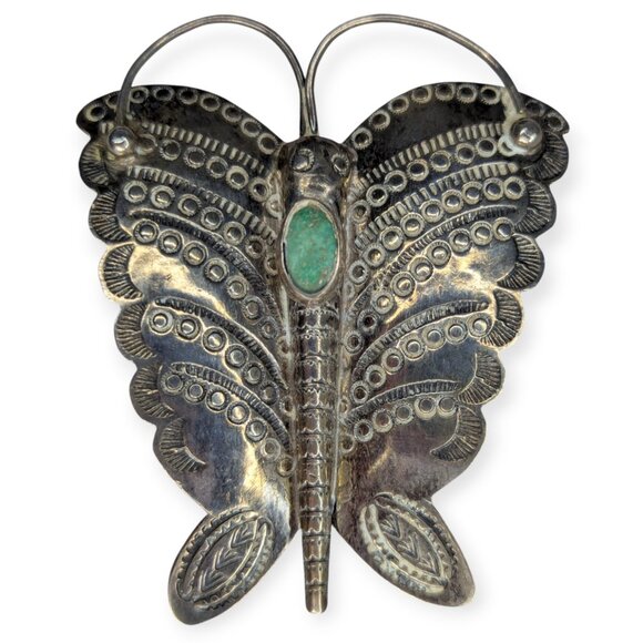 Vintage 1940s Navajo Silver Butterfly Brooch/Pin Blue-Green Turquoise Oval - Picture 1 of 10